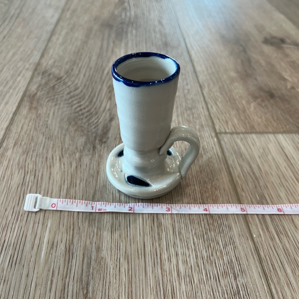 Pottery Candlestick Holder with Blue Rim
